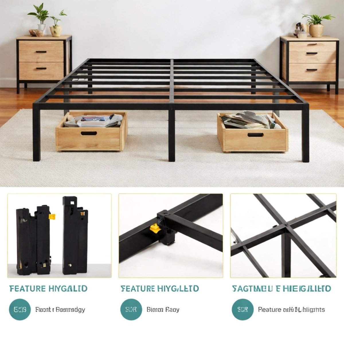 Detail shots of the Kouvr bed frame's easy assembly locking mechanism, strong steel joints, and durable slat grid.