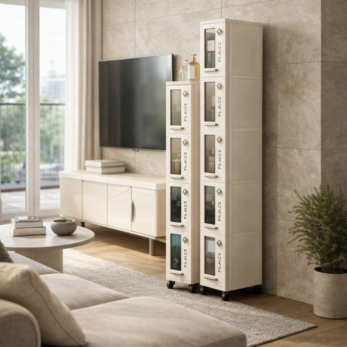 The Serenity Gap Console | Minimalist Rolling Slim Storage Cabinet