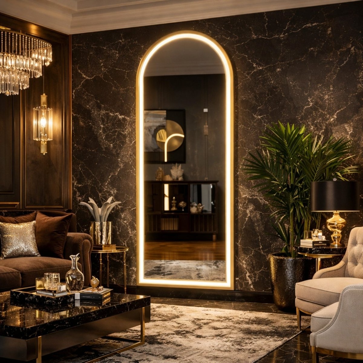 Gold framed smart mirror leaning against a wall in a dark academia style bedroom with ambient lighting.