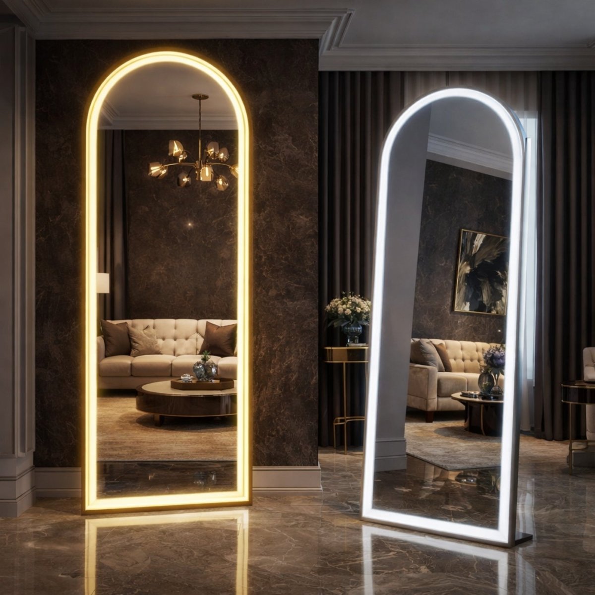 Diagram showing U-bracket stand for floor use and hooks for wall mounting the Kouvr LED mirror.