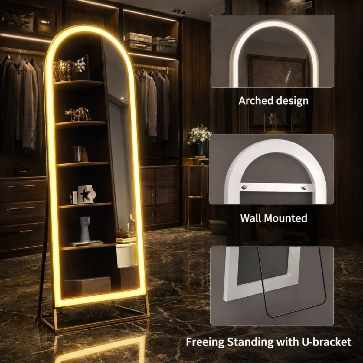 Close up of the touch sensor button on the mirror glass used to adjust brightness and color temperature.