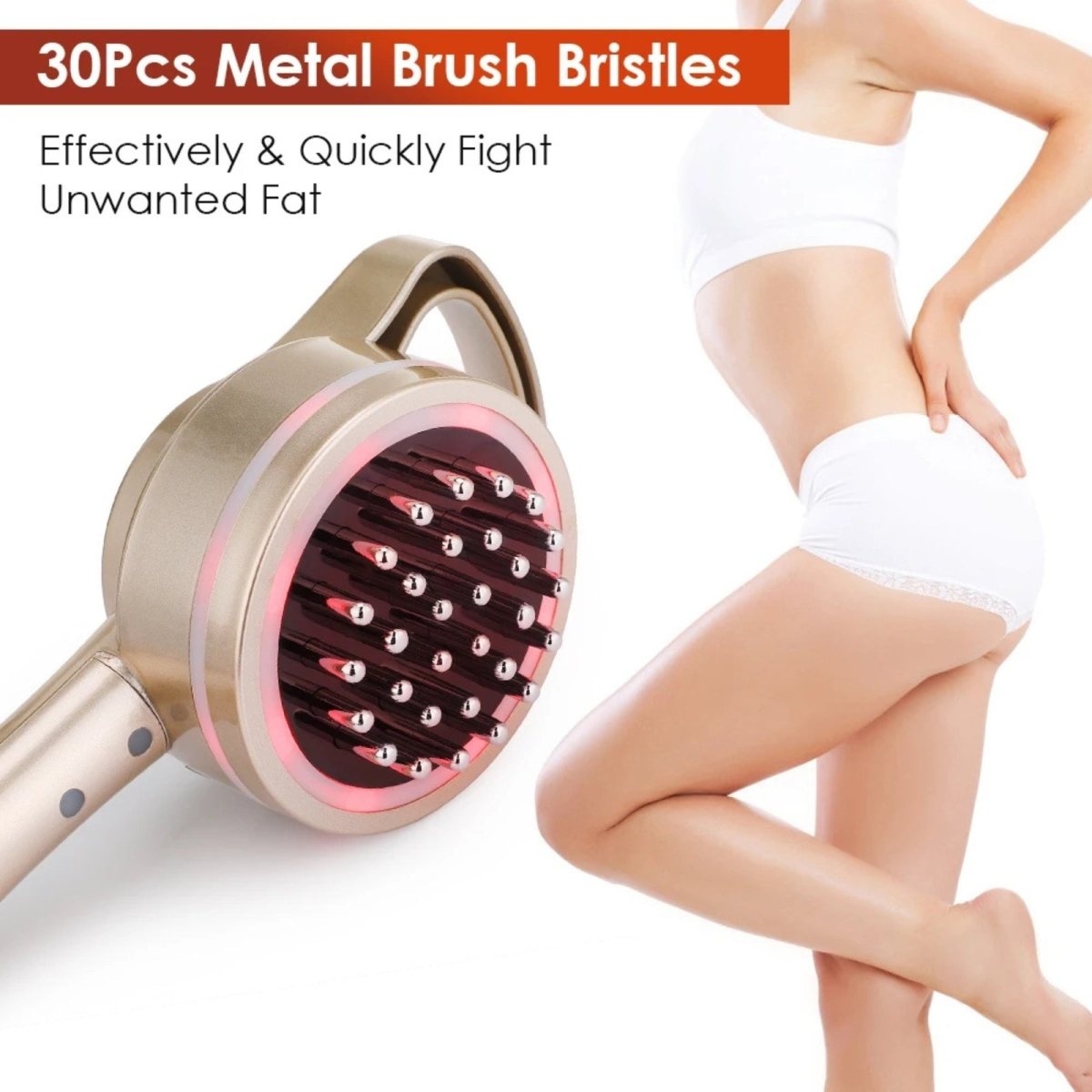 Detailed shot of the 30 metal brush bristles on the Kouvr anti-cellulite massager, highlighted next to a woman with a toned figure.
