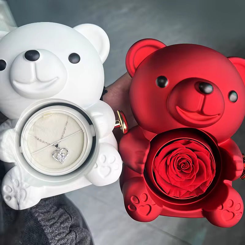 Preserved Rose Bear Gift Box for Her with Hidden Necklace - Eternal Real Rose for Anniversary, Valentines Day, Birthday - Red & Gold Interlocking Hearts | Kouvr