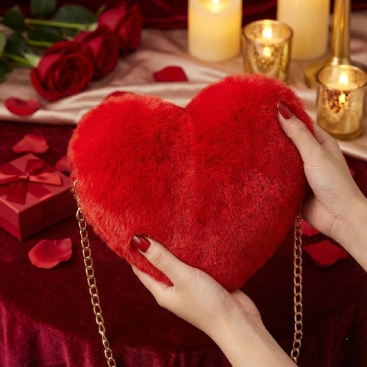 Amour Red Heart Bag - Faux Fur Crossbody Handbag with Gold Chain - Bold Crimson Statement Piece