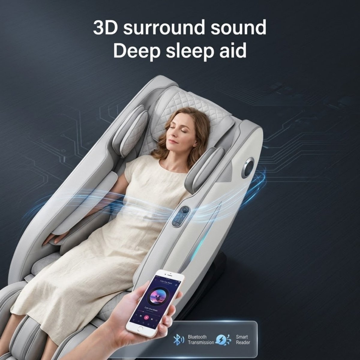 Woman sleeping peacefully in the Kouvr chair with visual sound waves demonstrating the integrated 3D surround sound Bluetooth audio capabilities.