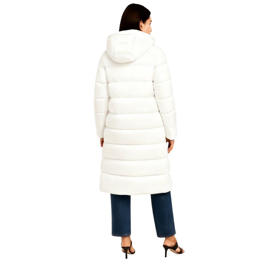 quilted outerwear," "thermal insulation," "cold weather essential," "winter parka," and "elegant down coat