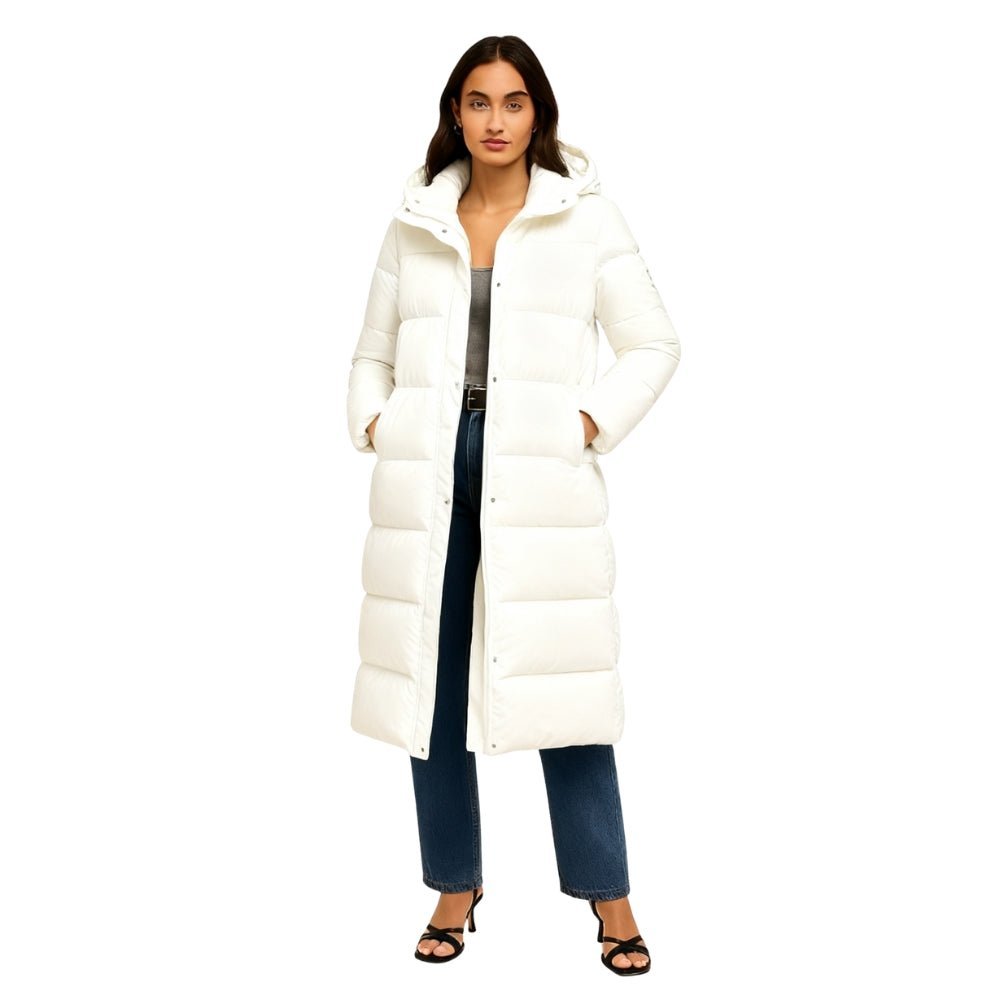 quilted outerwear," "thermal insulation," "cold weather essential," "winter parka," and "elegant down coat