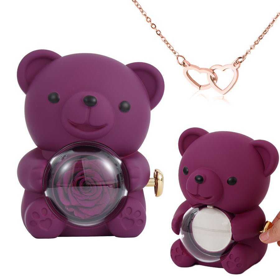 Preserved Rose Bear Gift Box for Her with Hidden Necklace - Eternal Real Rose for Anniversary, Valentines Day, Birthday - Red & Gold Interlocking Hearts | Kouvr