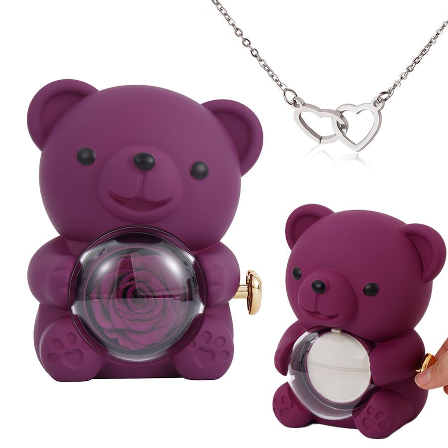Preserved Rose Bear Gift Box for Her with Hidden Necklace - Eternal Real Rose for Anniversary, Valentines Day, Birthday - Red & Gold Interlocking Hearts | Kouvr