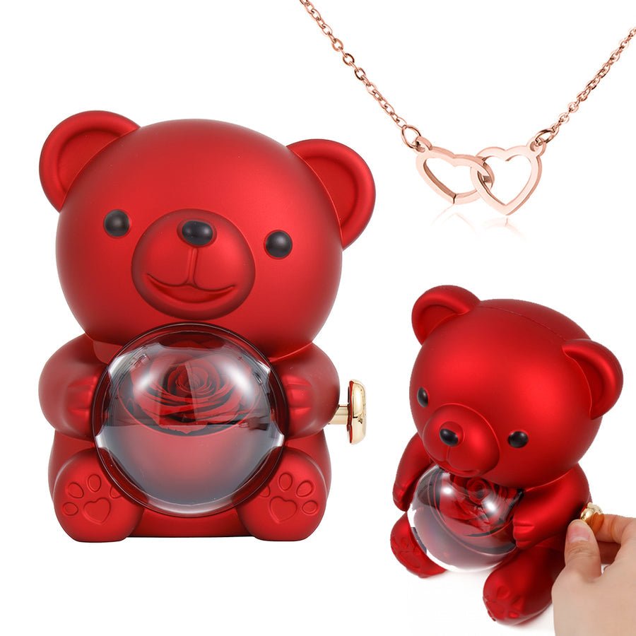 Preserved Rose Bear Gift Box for Her with Hidden Necklace - Eternal Real Rose for Anniversary, Valentines Day, Birthday - Red & Gold Interlocking Hearts | Kouvr