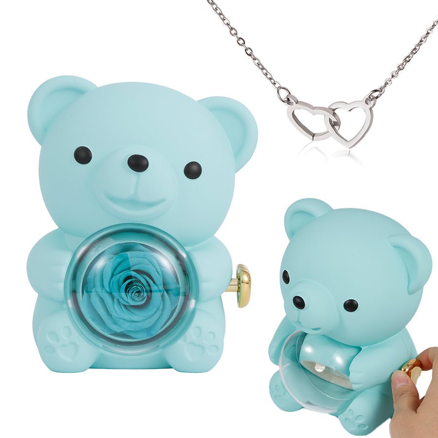 Preserved Rose Bear Gift Box for Her with Hidden Necklace - Eternal Real Rose for Anniversary, Valentines Day, Birthday - Red & Gold Interlocking Hearts | Kouvr