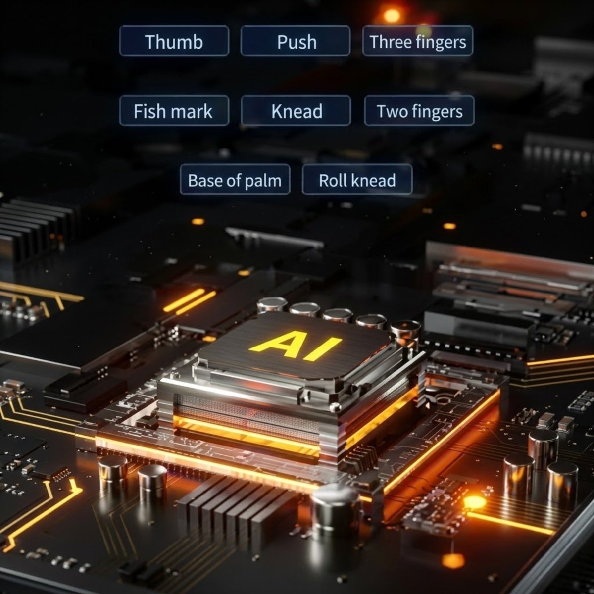 Glowing advanced AI microchip technology that powers the highly responsive, human-like massage techniques of the Kouvr 4D chair.