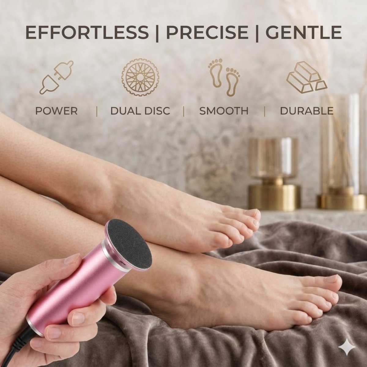 A woman performing an effortless at-home pedicure using the Kouvr rose gold callus remover for smooth, gentle results.
