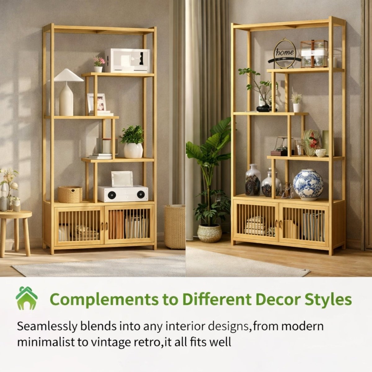 Dimension diagram of Kouvr wood bookshelf showing 70-inch height and weight capacity for shelves and storage cabinet.