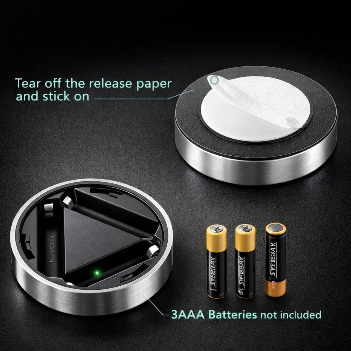 Rear view of LED puck light showing adhesive peel-off backing and open battery compartment requiring 3 AAA batteries.