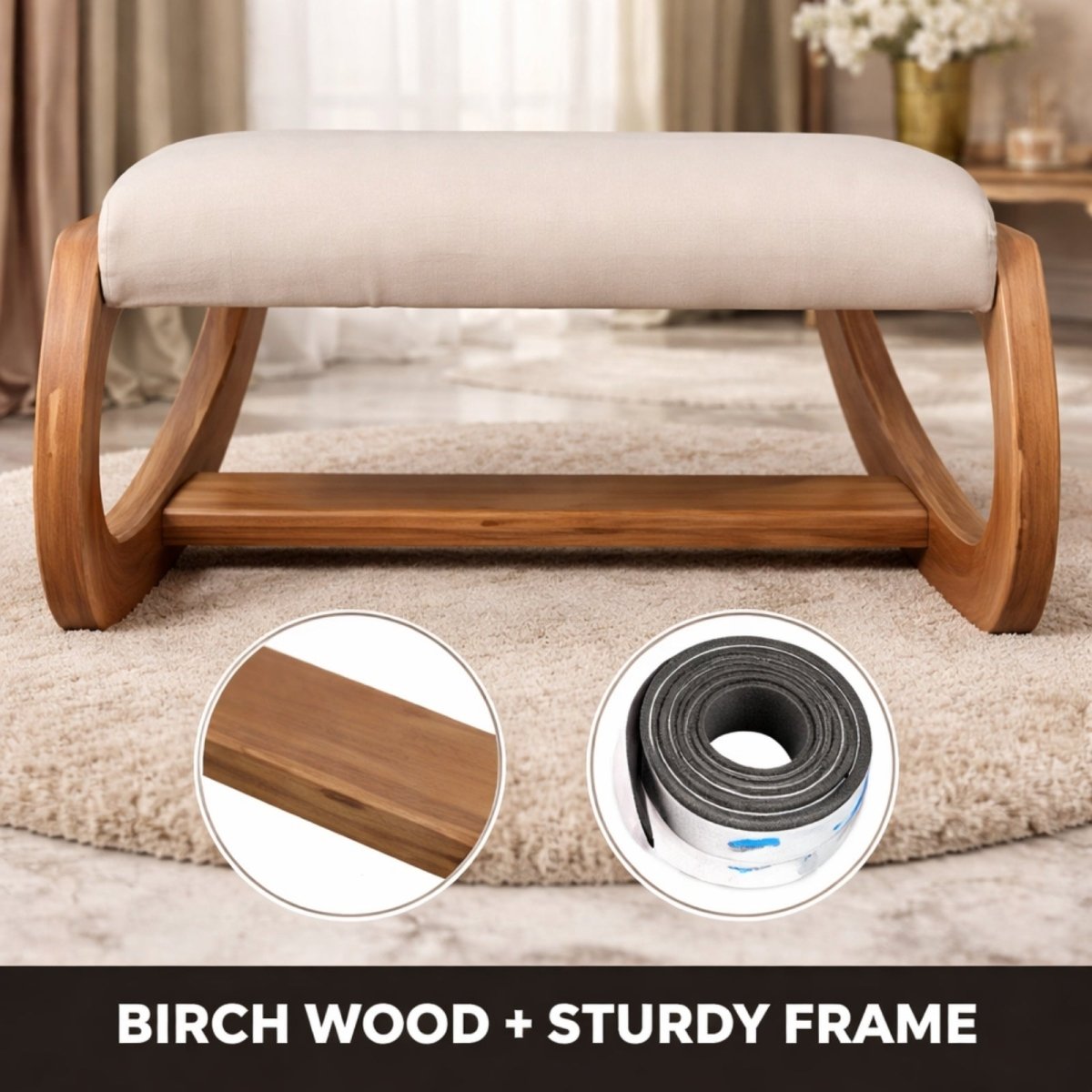 A close-up detail shot of the sturdy birch wood frame and included anti-slip floor strips for the Kouvr rocking kneeling chair.