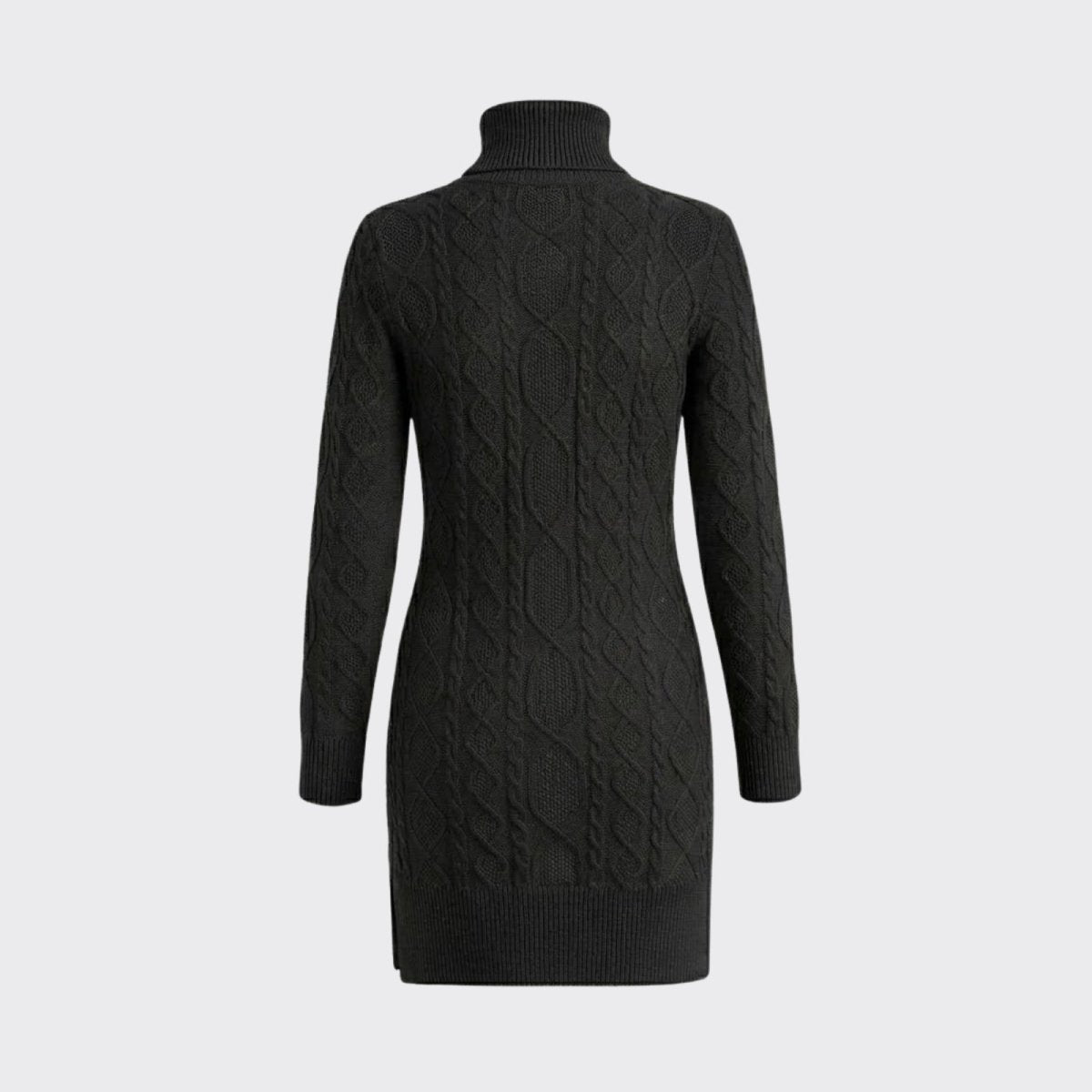 Back view flat lay of the Kouvr Fashion black sweater dress against a light grey background.