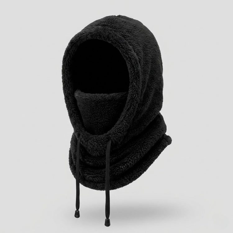 Black plush ski mask hood with integrated neck warmer and drawstrings shown on a white background.