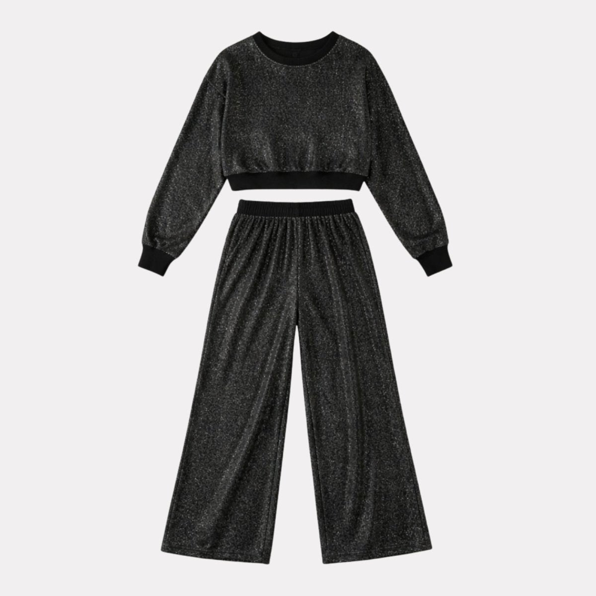 Flat lay of the Kouvr Fashion Midnight Sparkle Co-ord Set, displaying the cropped top and matching wide-leg pants.