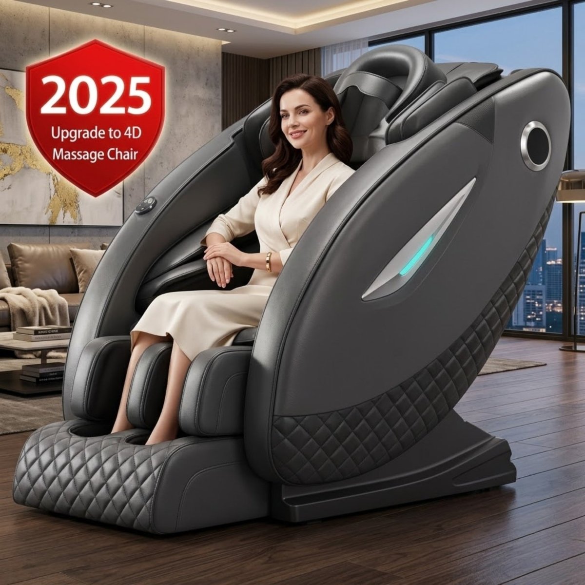 Sophisticated woman sitting comfortably in a black luxury 4D shiatsu massage recliner chair.