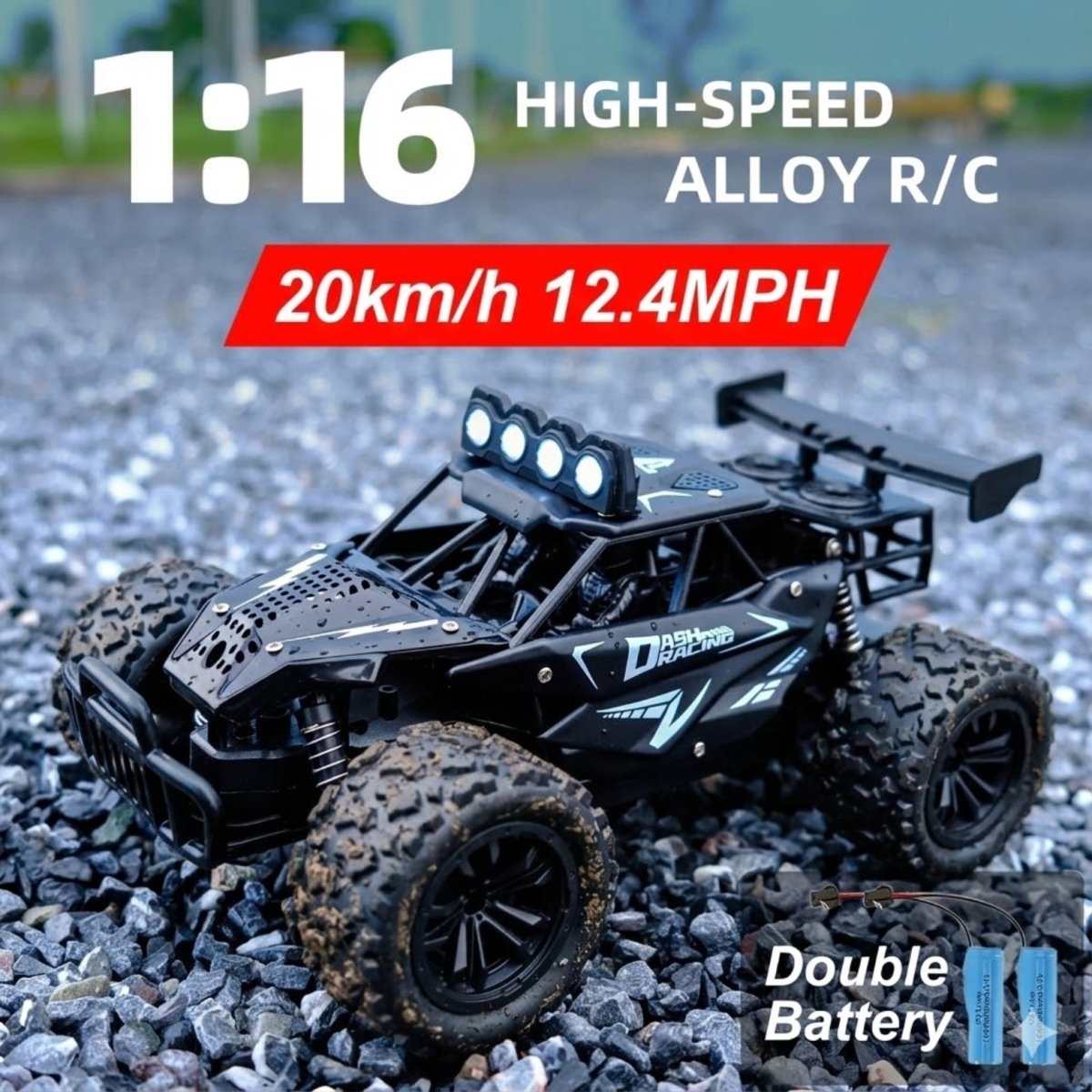 The black off-road RC buggy with its roof-mounted LED lights turned on, parked on loose dirt terrain.