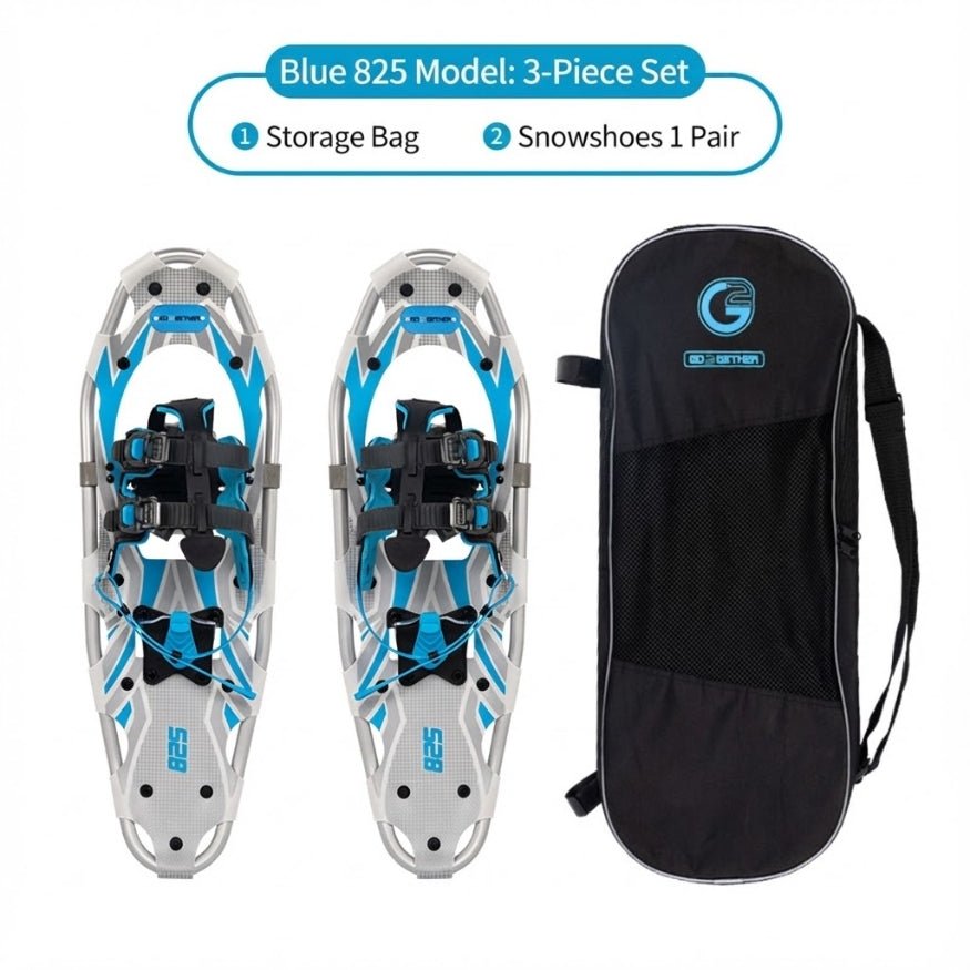 Stylish Blue 825 model 3-piece snowshoe set with white frames and blue accents, includes a portable storage bag.
