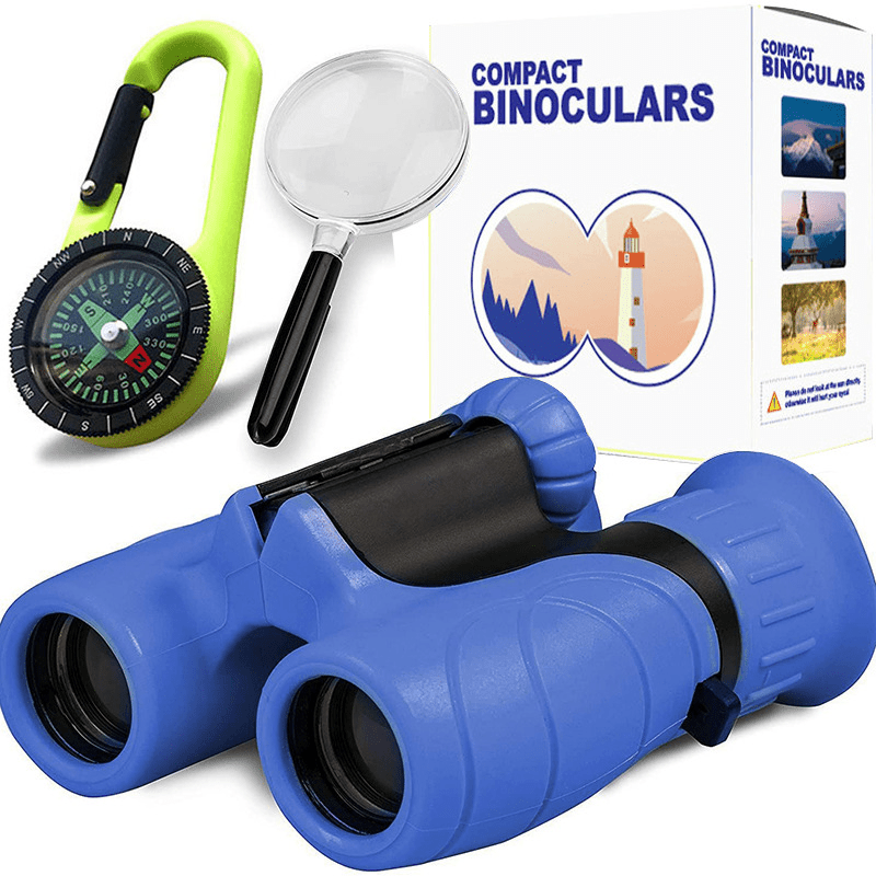 Blue compact 8x21 binoculars for kids with green carabiner compass, magnifying glass, and retail packaging for outdoor nature study.