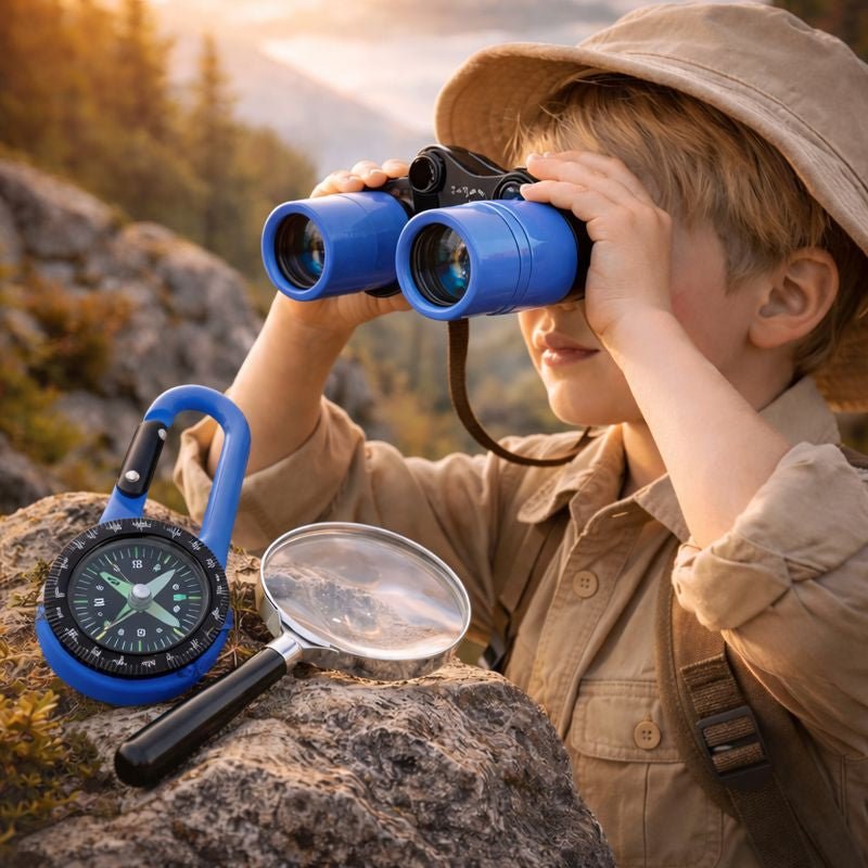 Child in a sun hat using blue binoculars to explore wildlife during a family camping and hiking trip.