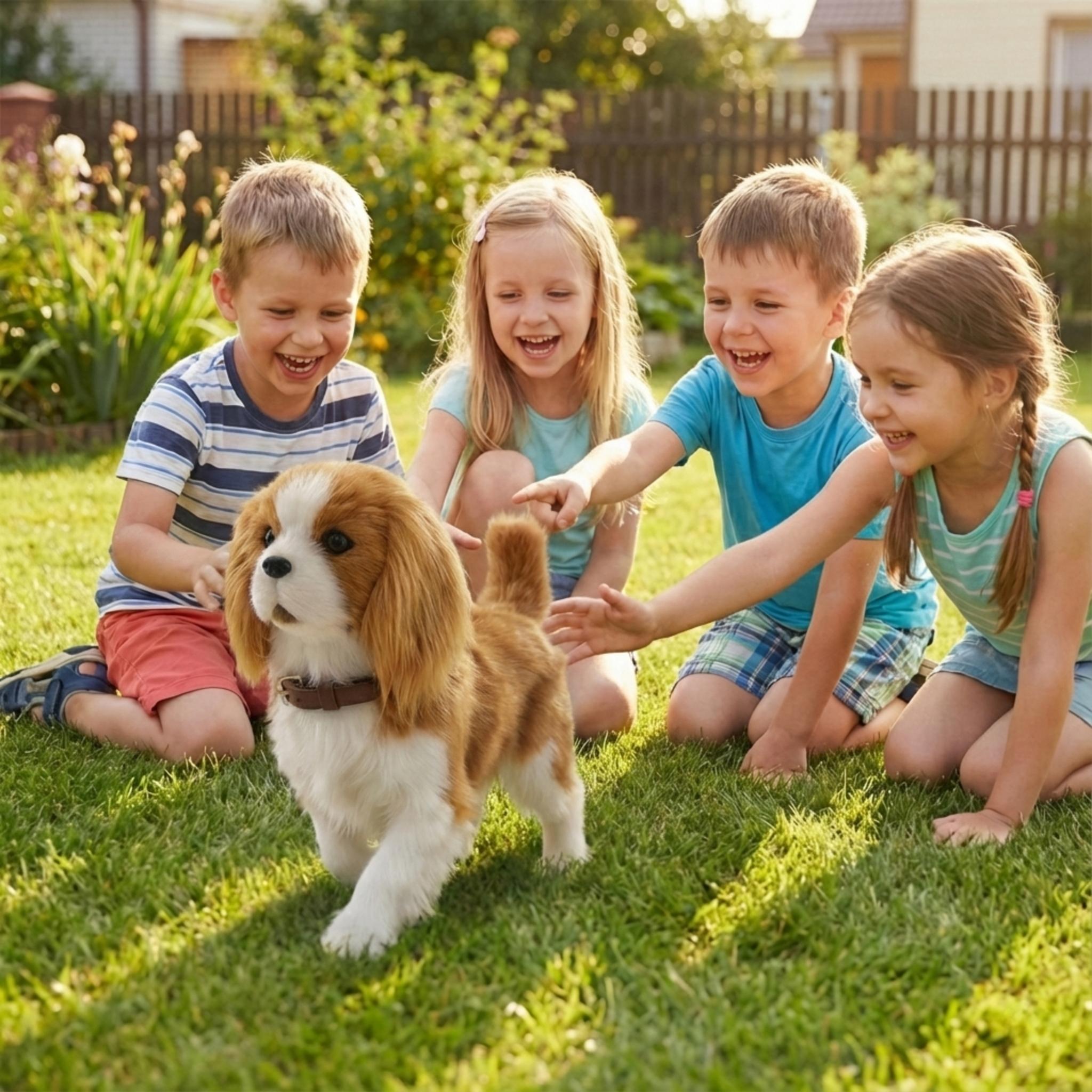 Four happy children laughing and playing together on the grass with the small, brown and white Kouvr Cavalier King Charles Spaniel animatronic puppy toy.