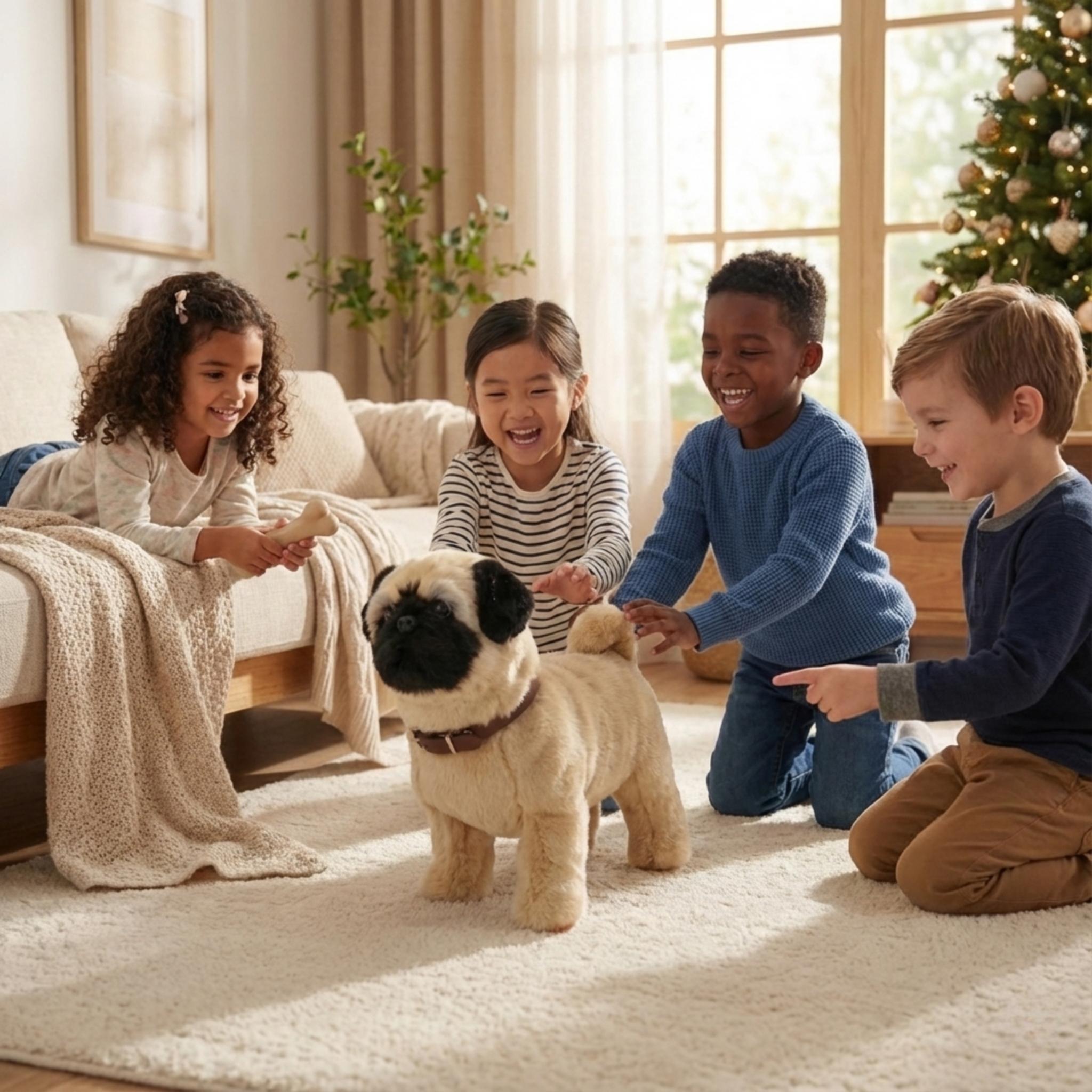 A group of four diverse and happy children gathered around the Kouvr robot pug puppy on the sand at the beach.