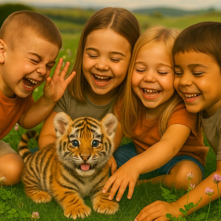 Four diverse and joyful young children laughing together as they pet the Kouvr interactive robot tiger cub on a lush green lawn.