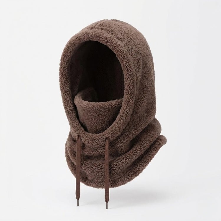 Dark brown teddy fabric balaclava with face cover and adjustable drawstrings isolated on white.