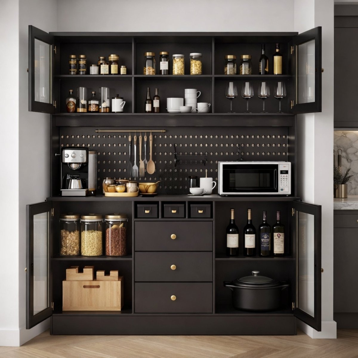 The Kouvr kitchen hutch set up as a coffee bar, with a coffee machine and microwave plugged into the integrated power outlet, demonstrating its modern convenience.