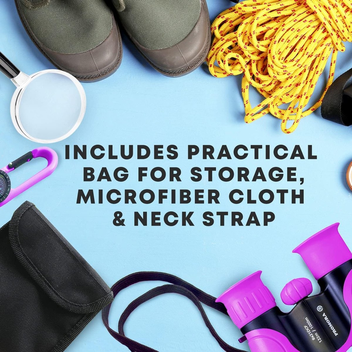 Diagram of purple binoculars highlighting the central focusing wheel, 8x magnification, and adjustable central axis.