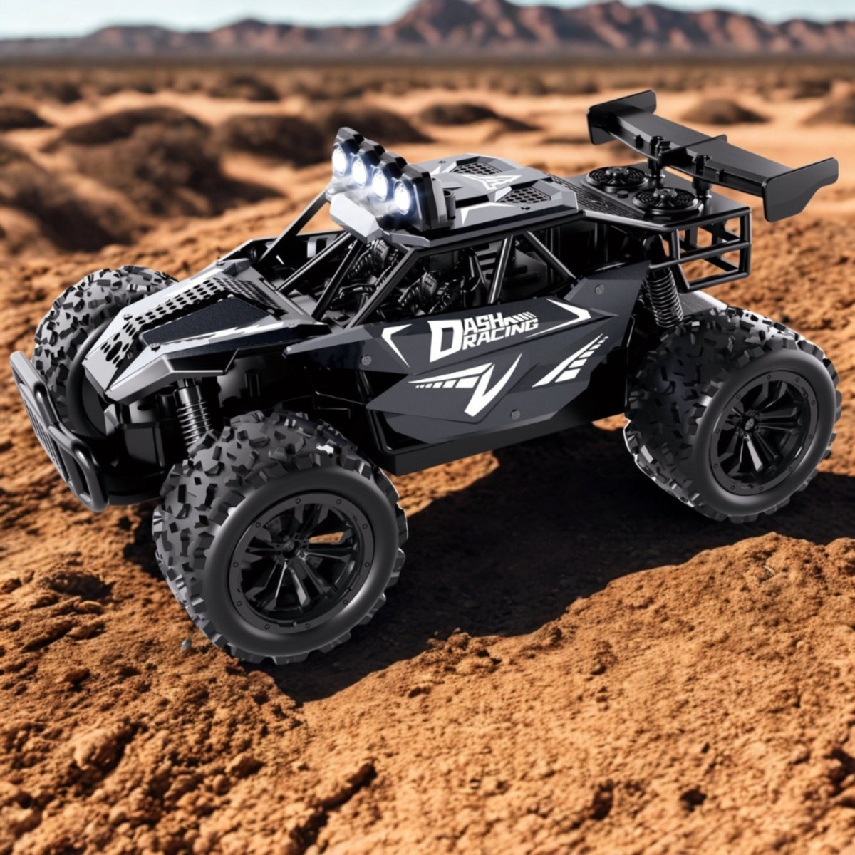 The black color variant of the Dash Racing 1:16 scale alloy RC car positioned on a sand dune, ready for off-road action.