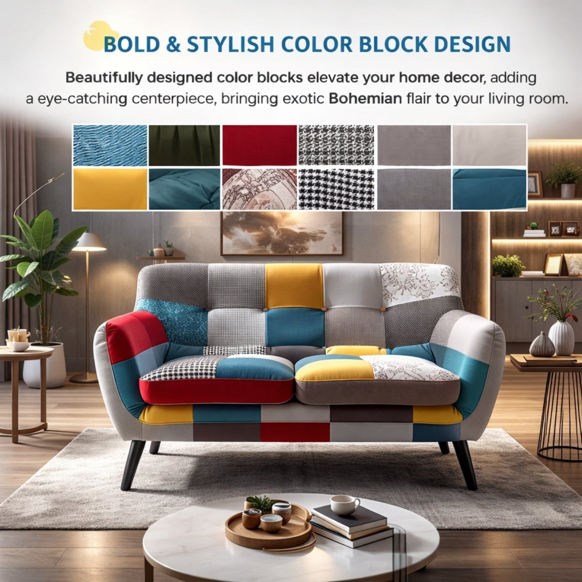 Stylish bohemian living room featuring the Kouvr patchwork sofa as a centerpiece, highlighting the vibrant color block design against neutral decor.