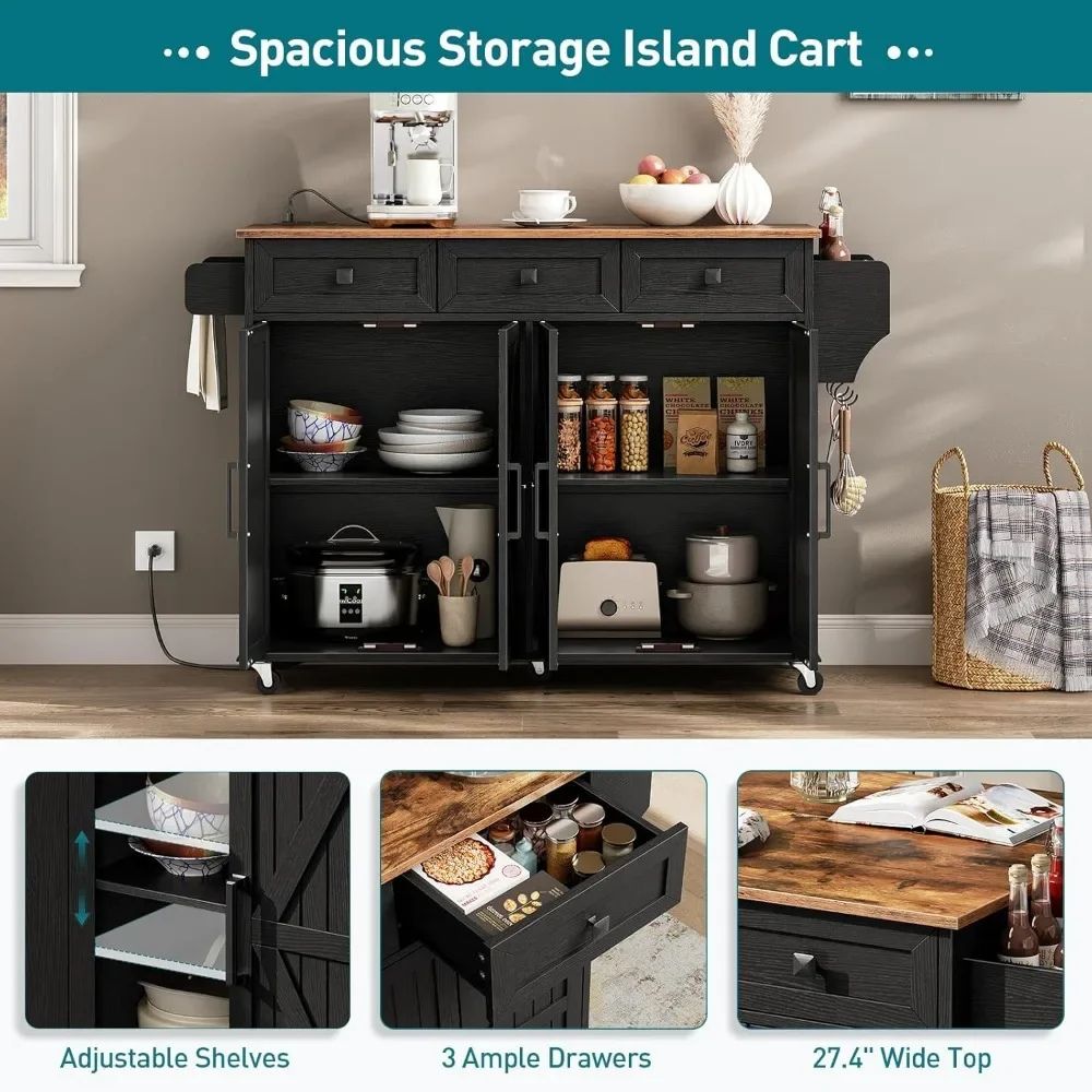 rolling kitchen cart with storage drawers and cabinets used as a coffee bar
