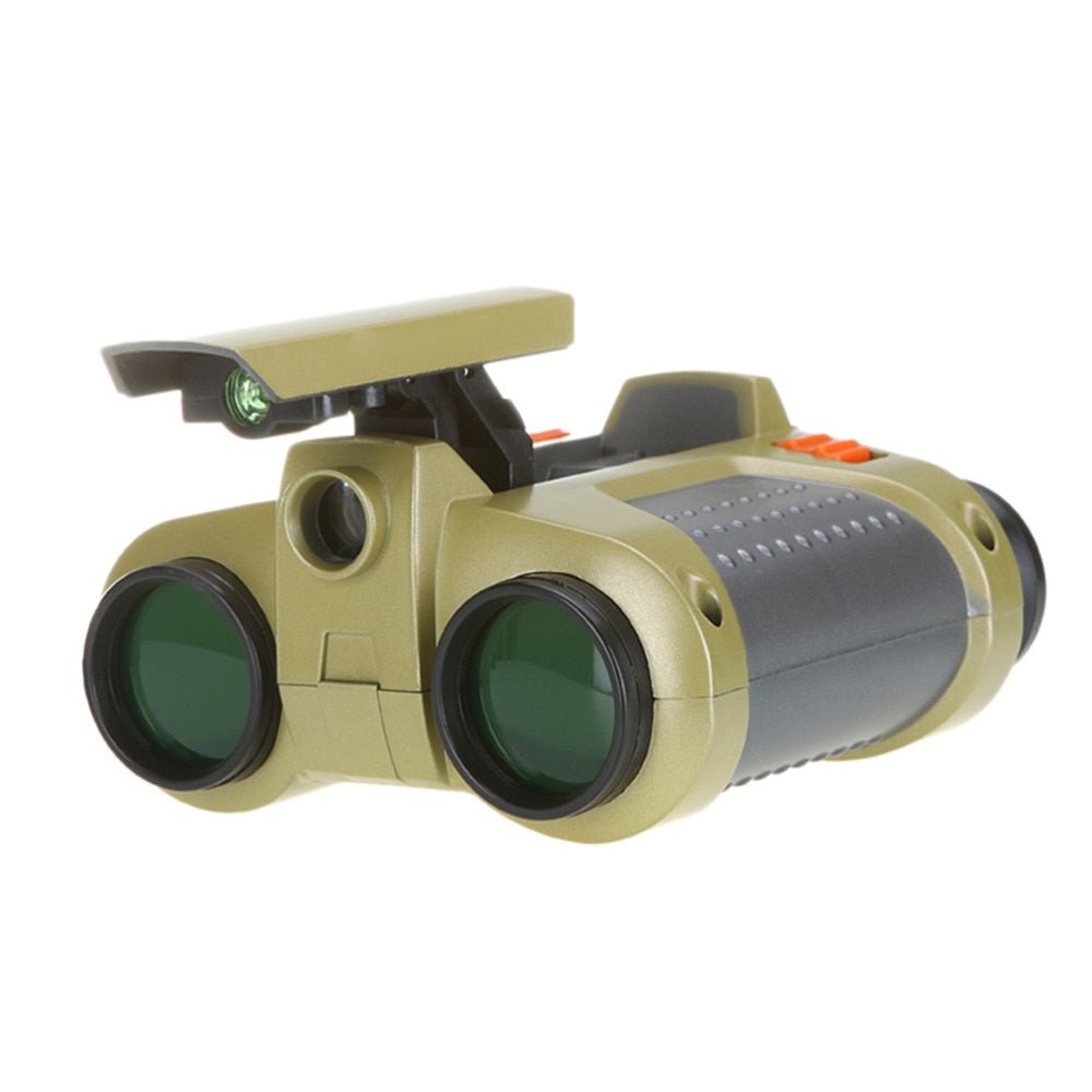 Front view of night vision goggles with the LED beam turned on, including inset images showing the green night vision scope view with crosshairs.