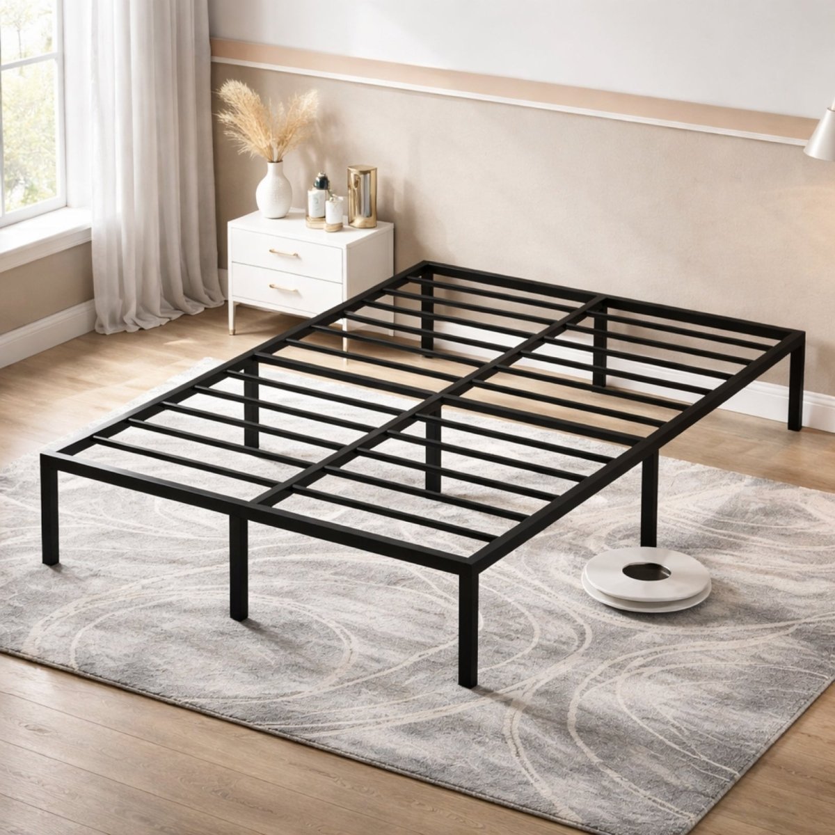 Full size metal platform bed frame base showing durable steel slat structure and center support legs on a rug.