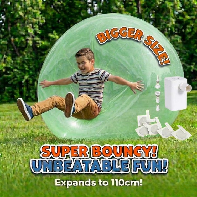 A large transparent green jelly ball for kids, shown as a complete kit with an electric inflator pump and durable repair patches for endless outdoor excitement.
