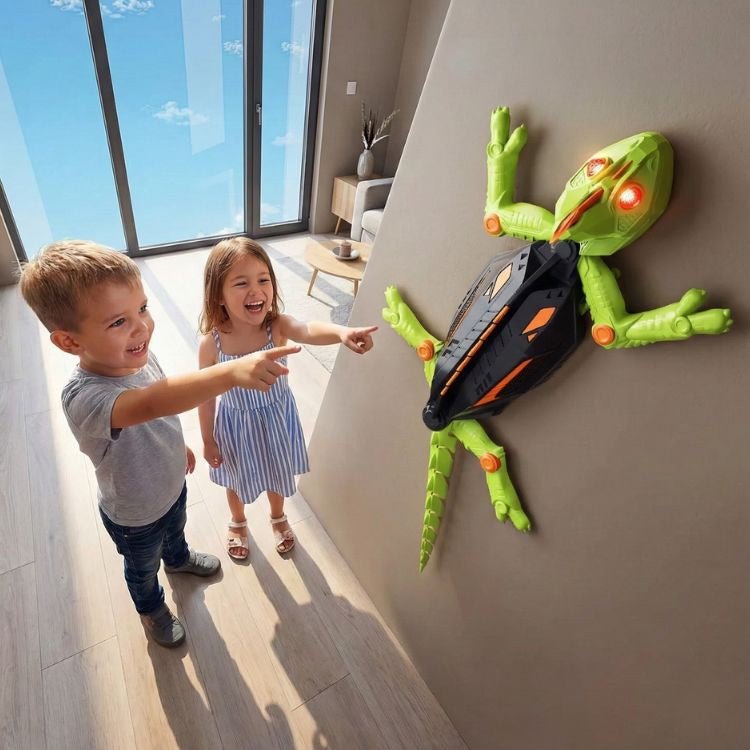 A product shot of a light blue remote control wall climbing gecko toy with red eyes, shown next to its black remote controller.