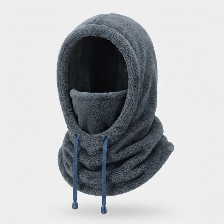 Grey fuzzy balaclava hood with adjustable drawstrings and built-in neck warmer isolated on a white background.