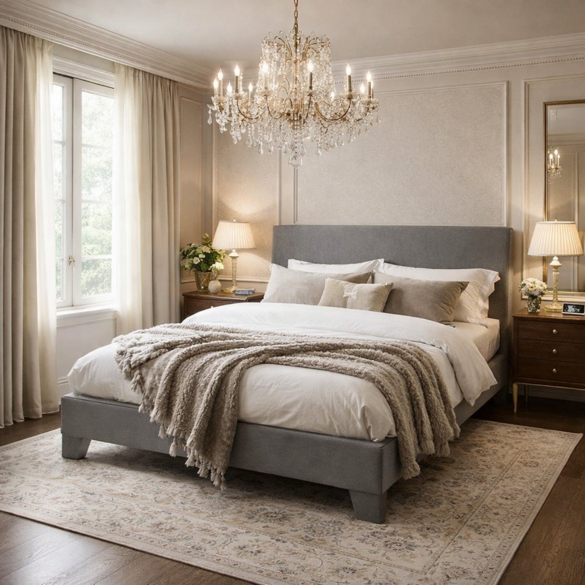 A fully dressed grey linen Kouvr platform bed in a luxurious bedroom with a crystal chandelier, showcasing an elegant and aspirational lifestyle.