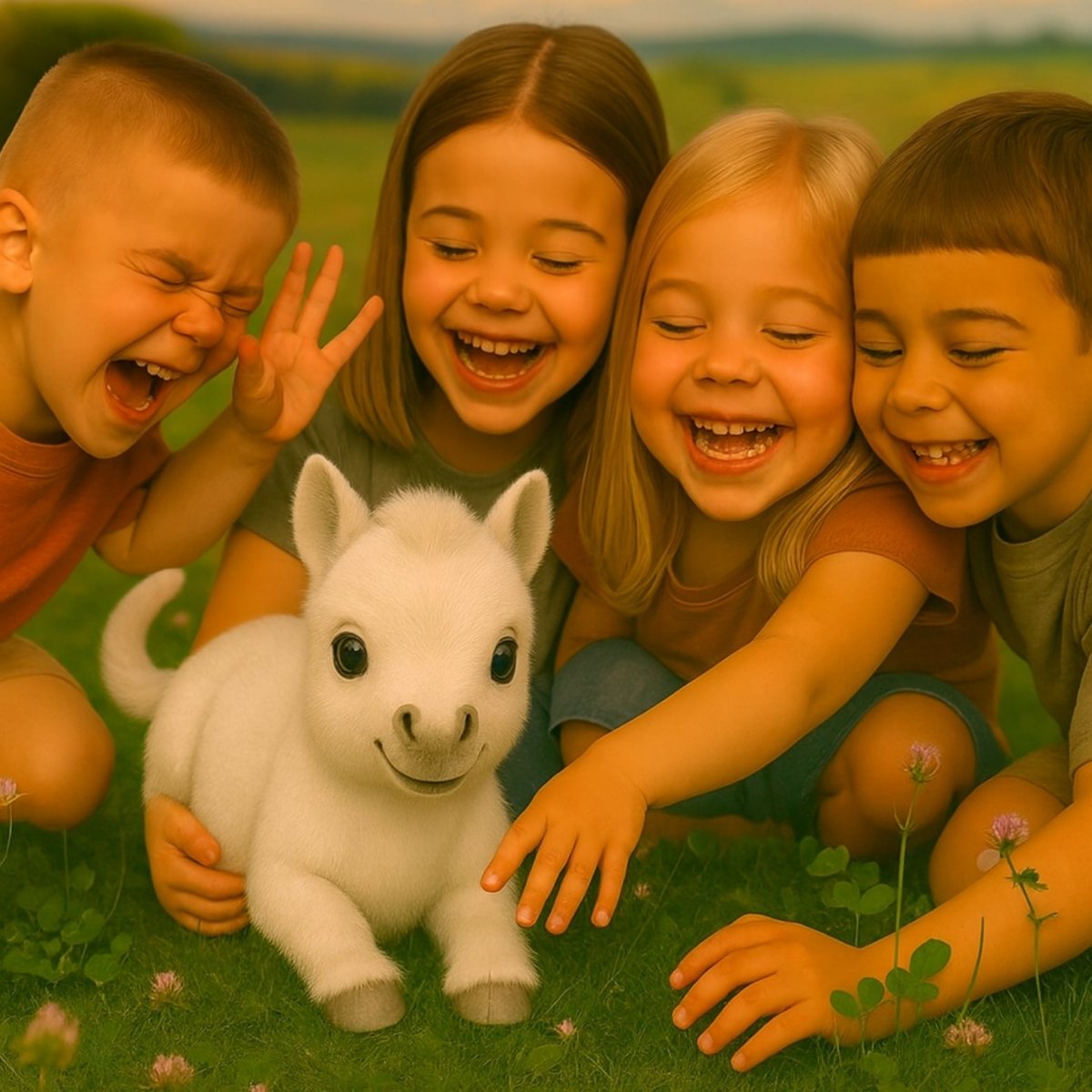 4 smiling children with blonde hair and blue eyes happily hugging the small white Kouvr interactive pony plush toy.