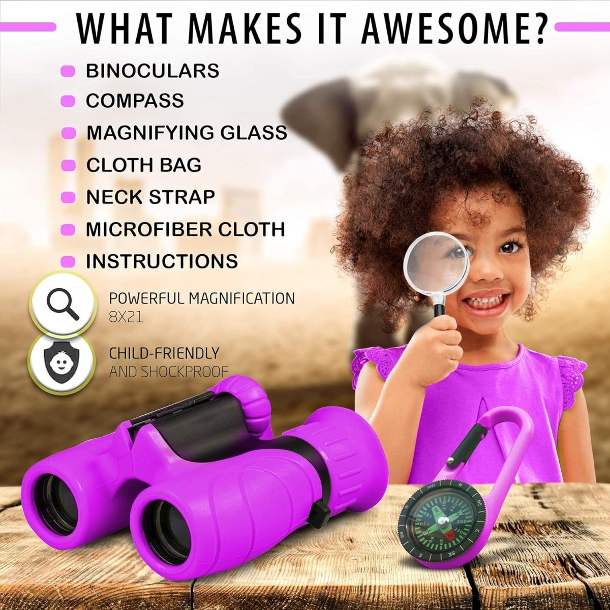 Child using binoculars with text explaining they are perfect for bird watching, camping, and exploring nature.