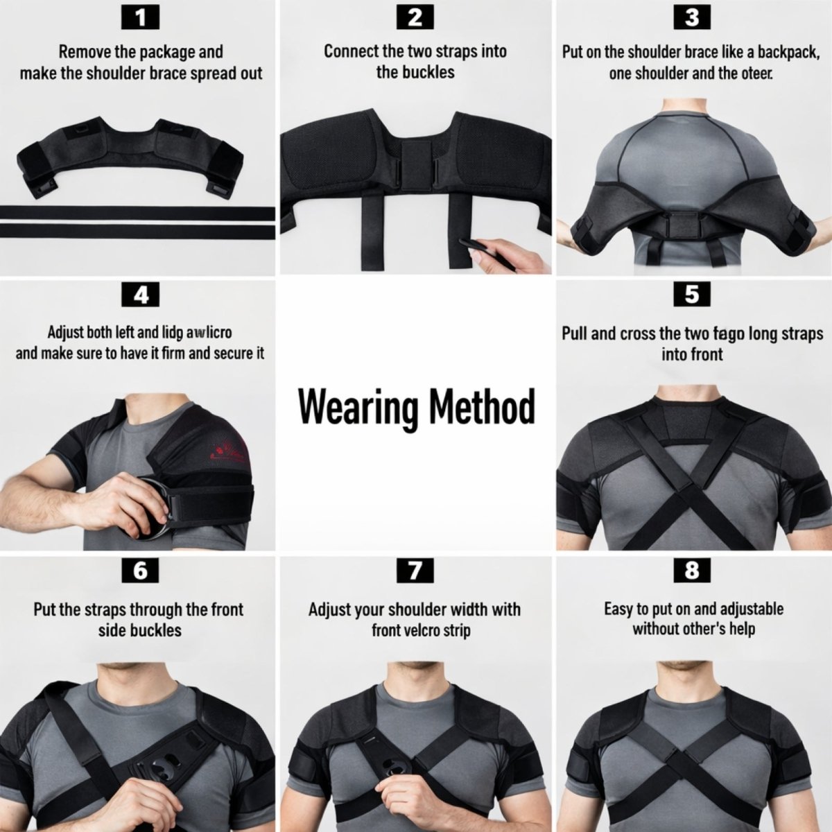 Step-by-step instructional guide with eight images showing how to easily put on and adjust the Kouvr dual shoulder support brace without assistance.