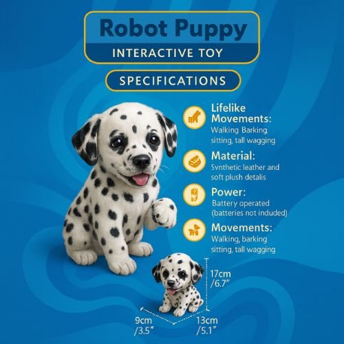 The interactive robot Dalmatian puppy in motion on a colorful playroom floor, lifting its paw to playfully interact with a blue building block toy.