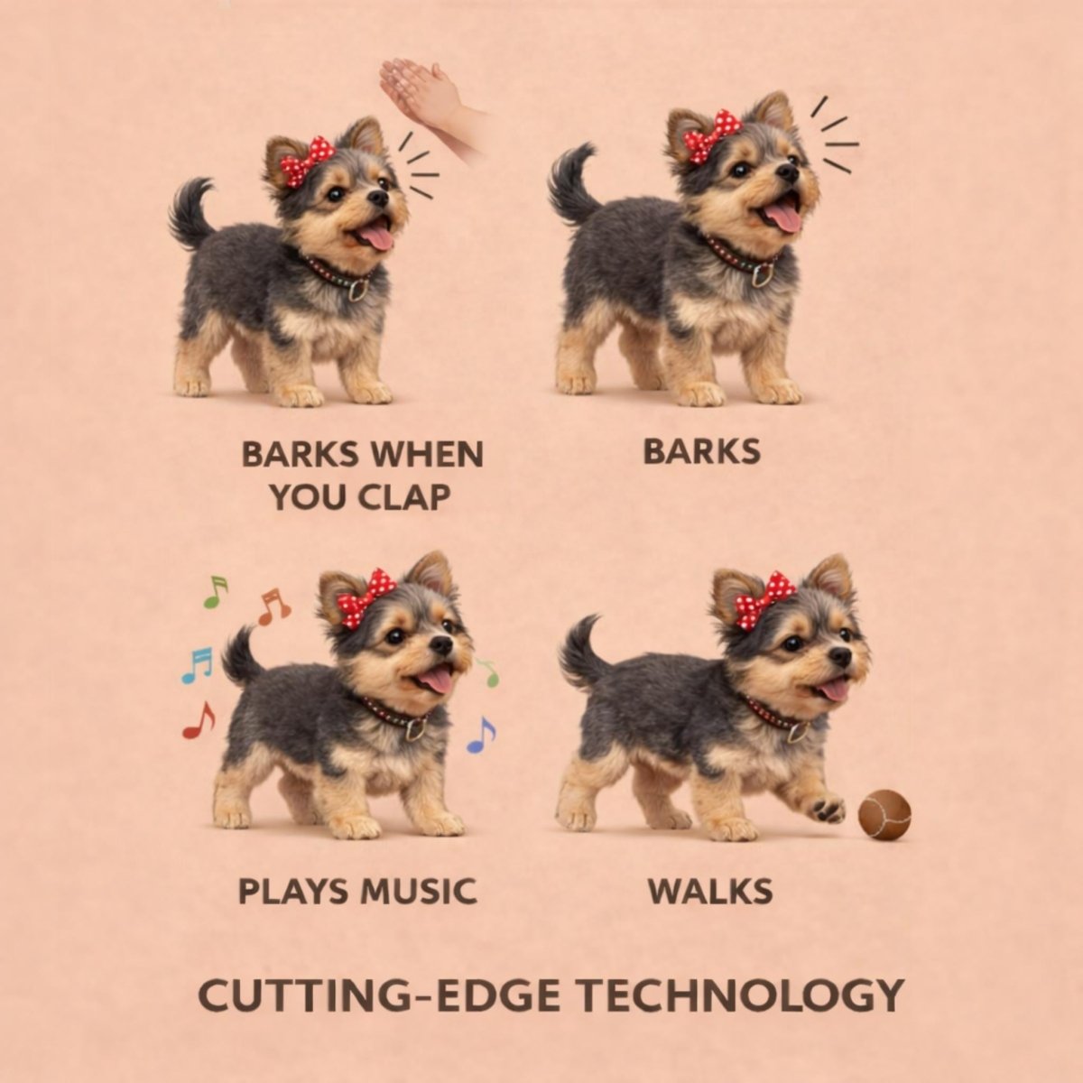 Diagram showing the four main movements of the robot Yorkshire Terrier puppy: barks when you clap, barking, plays music, and walking, powered by cutting-edge electronic toy technology.