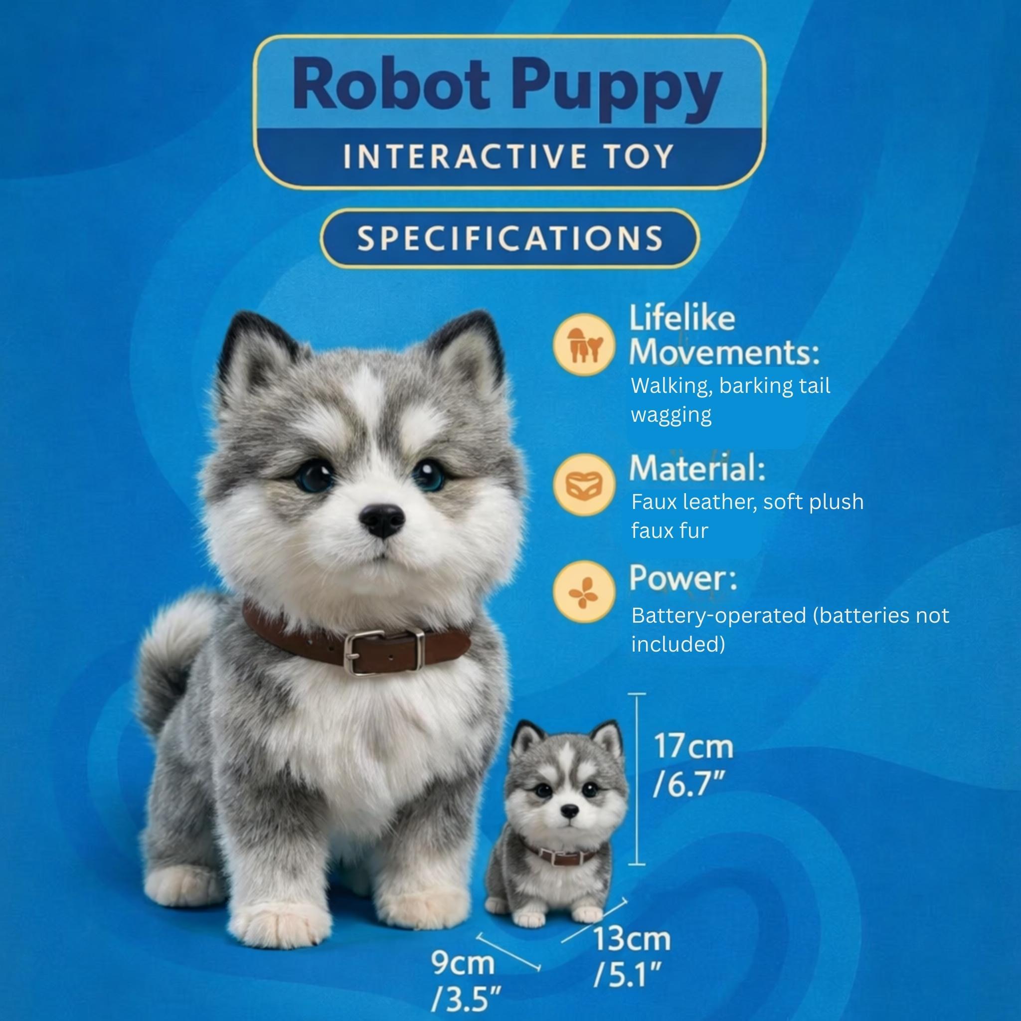 Infographic detailing the Kouvr Interactive Robot Puppy features: lifelike movements (walking, barking, sitting), premium materials, battery operated power, and small dimensions (17cm height).