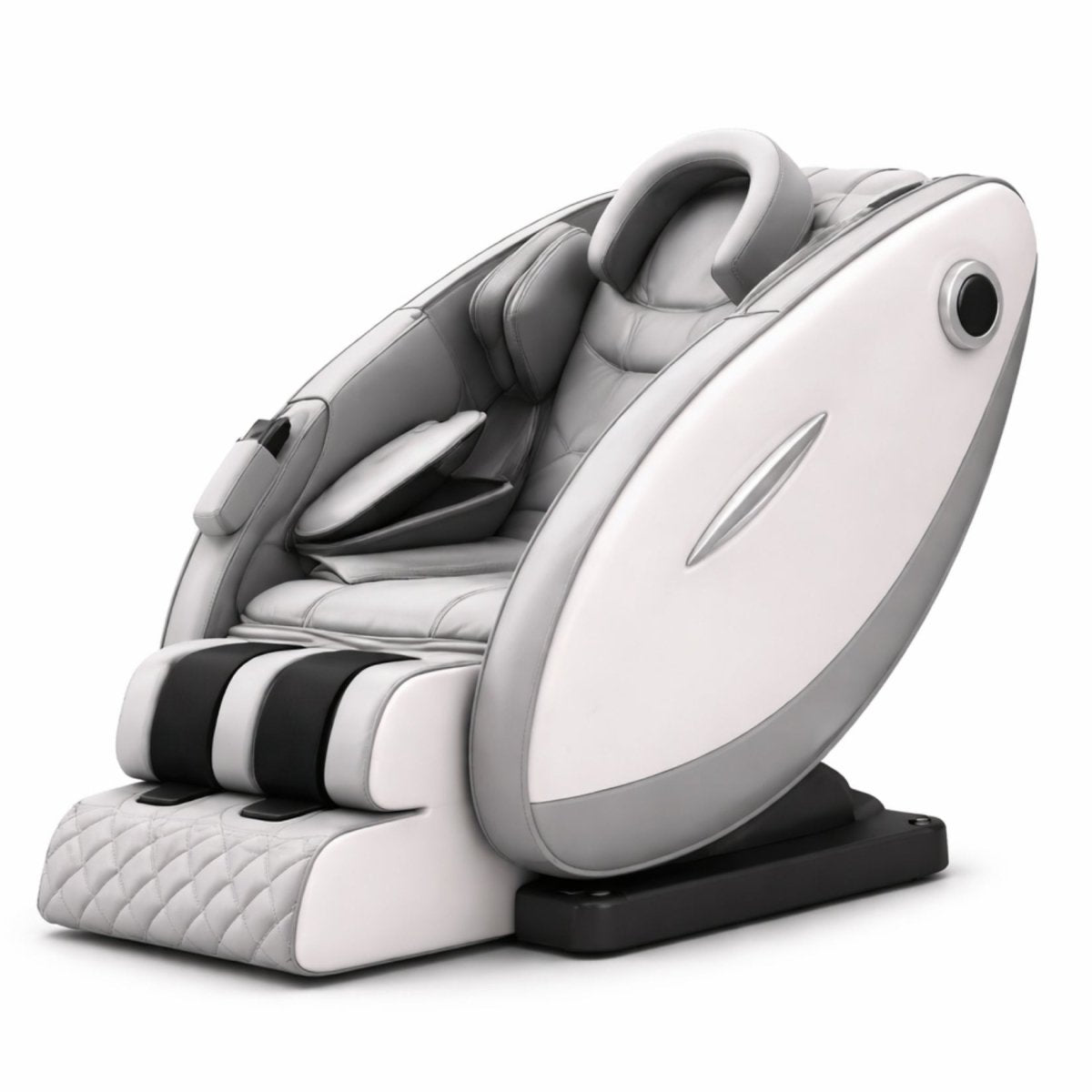 Kouvr premium full body massage chair isolated on a white background detailing the modern side panels and quilted footrest.